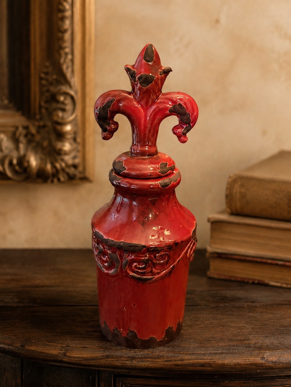Red Distressed Fleur de Lis Decorative Decanter Ceramic Jar